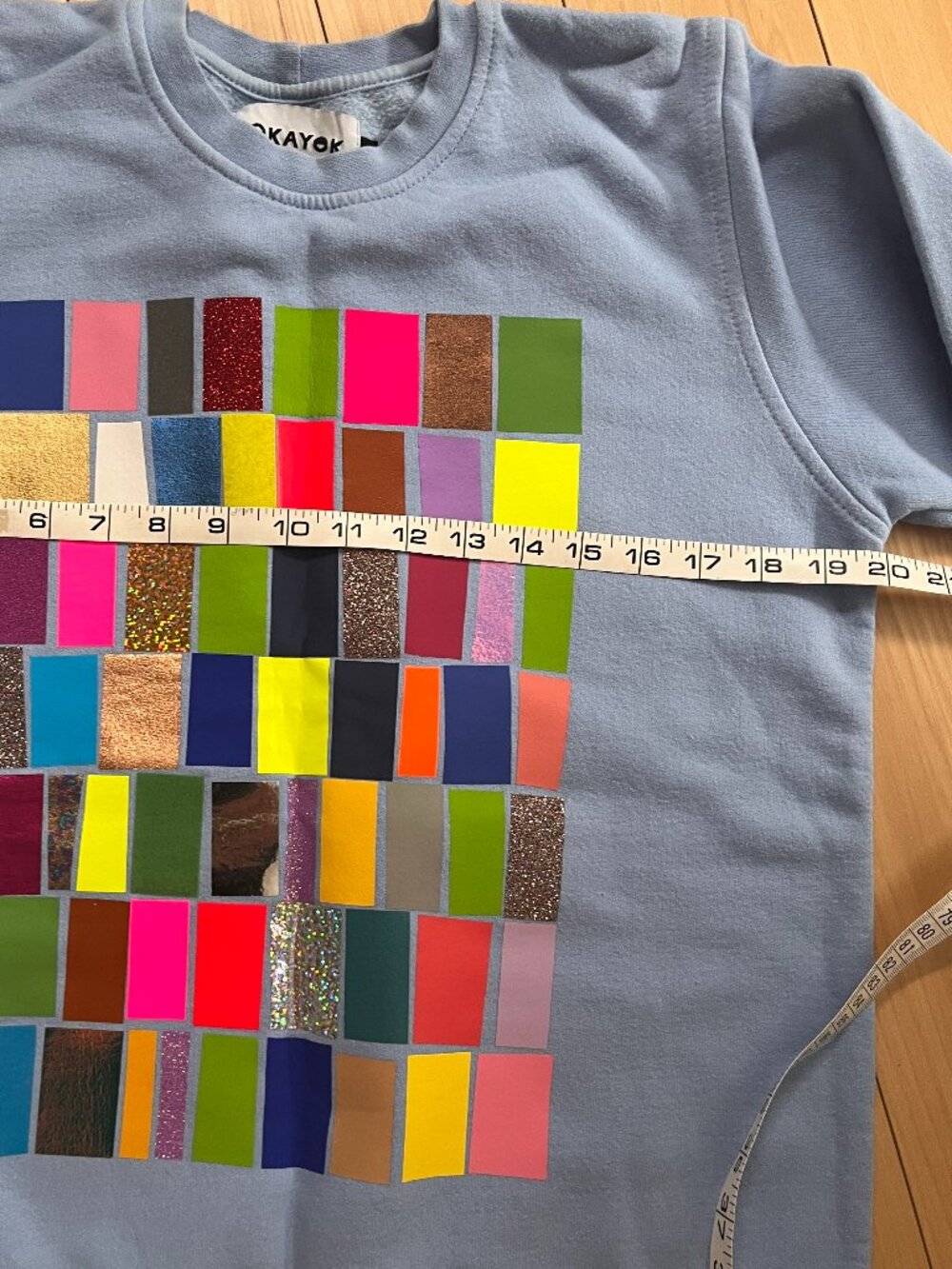 Okayok sweatshirt -  periwinkle blue with coloured pattern on front. Size sm-med - Picture 3 of 7